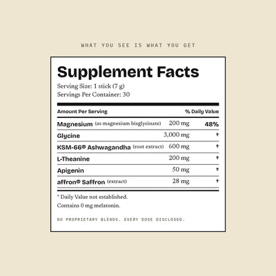 Downshift Supplement Facts panel. Serving size one 7 g stick, 30 servings, 0 mg melatonin.