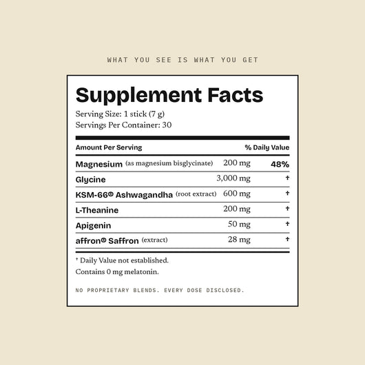 Downshift Supplement Facts panel. Serving size one 7 g stick, 30 servings, 0 mg melatonin.