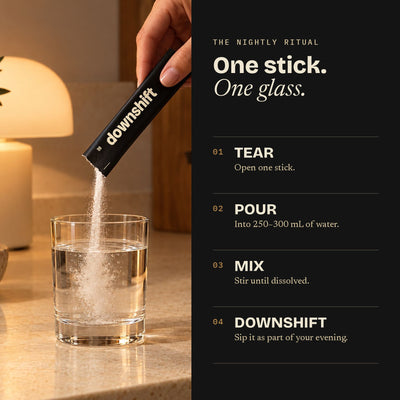 The Downshift ritual: tear, pour into 250 to 300 mL of water, mix, downshift.