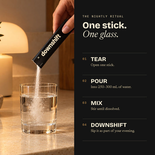 The Downshift ritual: tear, pour into 250 to 300 mL of water, mix, downshift.