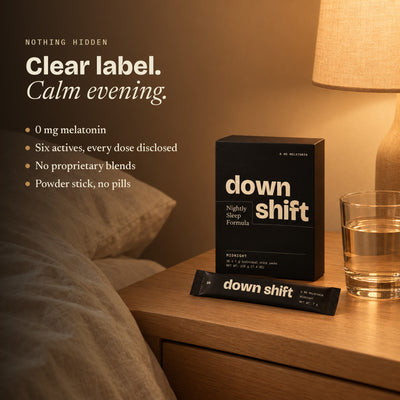 Downshift carton on a nightstand at night. 0 mg melatonin, every dose disclosed, no proprietary blends.