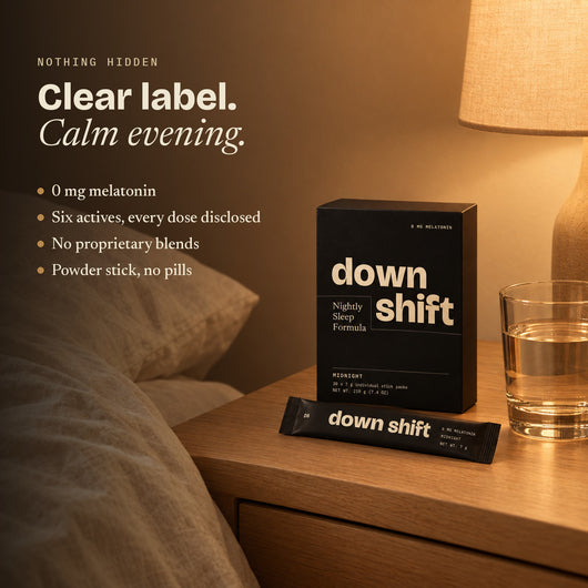 Downshift carton on a nightstand at night. 0 mg melatonin, every dose disclosed, no proprietary blends.